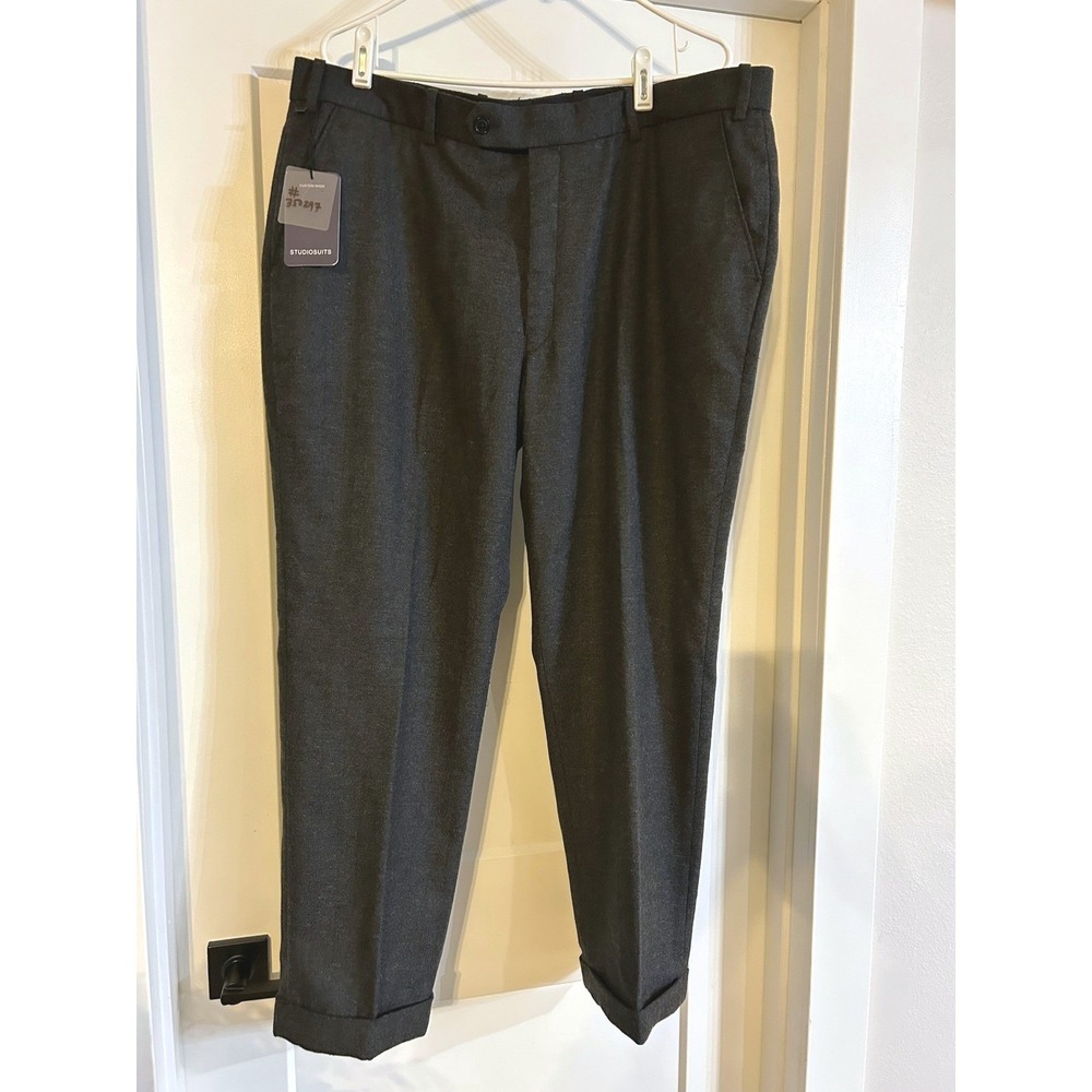 NEW Studio Suits Bespoke‎ Mens Charcoal Herringbone Wool Blend Dress Pants 39x27